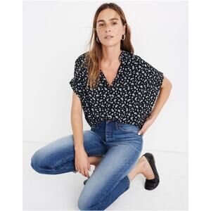 Madewell Top Womens Small Black Central Drapey Baby's Breath Ditsy Floral Collar